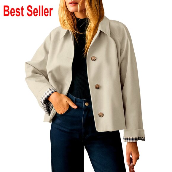 Cropped Trench Coat Lightweight Single Breasted Jacket Fall Windbreaker Fashion